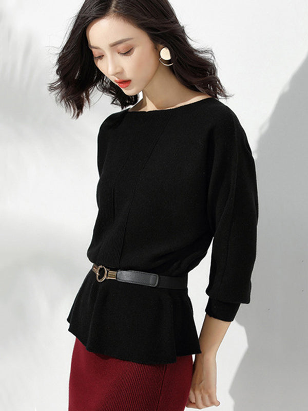 Elegante rote Tunika mit U-Boot-Ausschnitt, gerüschtem Saum und langen Ärmeln, Pullover AN1040