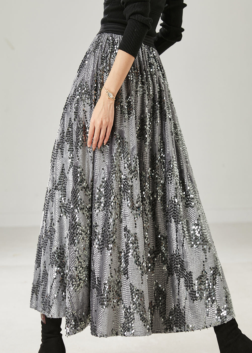 Jupe d'été à sequins gris français à ourlet extra large AZ1035