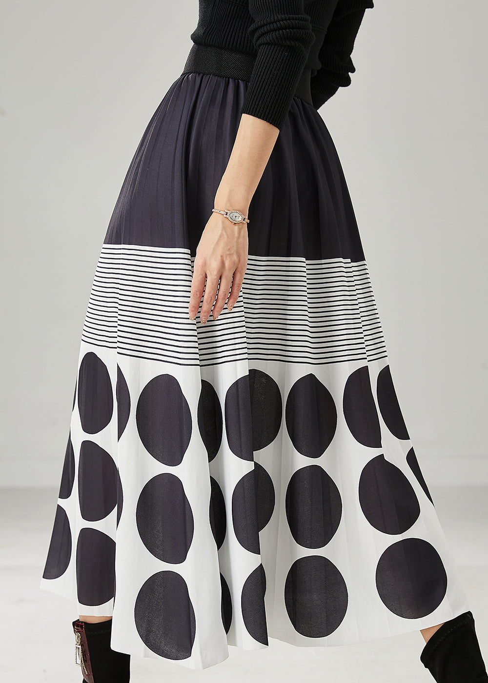 Jupe trapèze en coton imprimé noir pour femme Printemps AZ1031