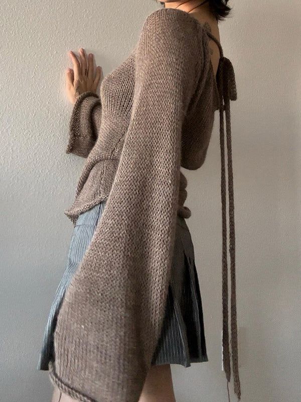 Pull vintage marron à col rond et manches longues en cloche avec lacets croisés dans le dos AN1039