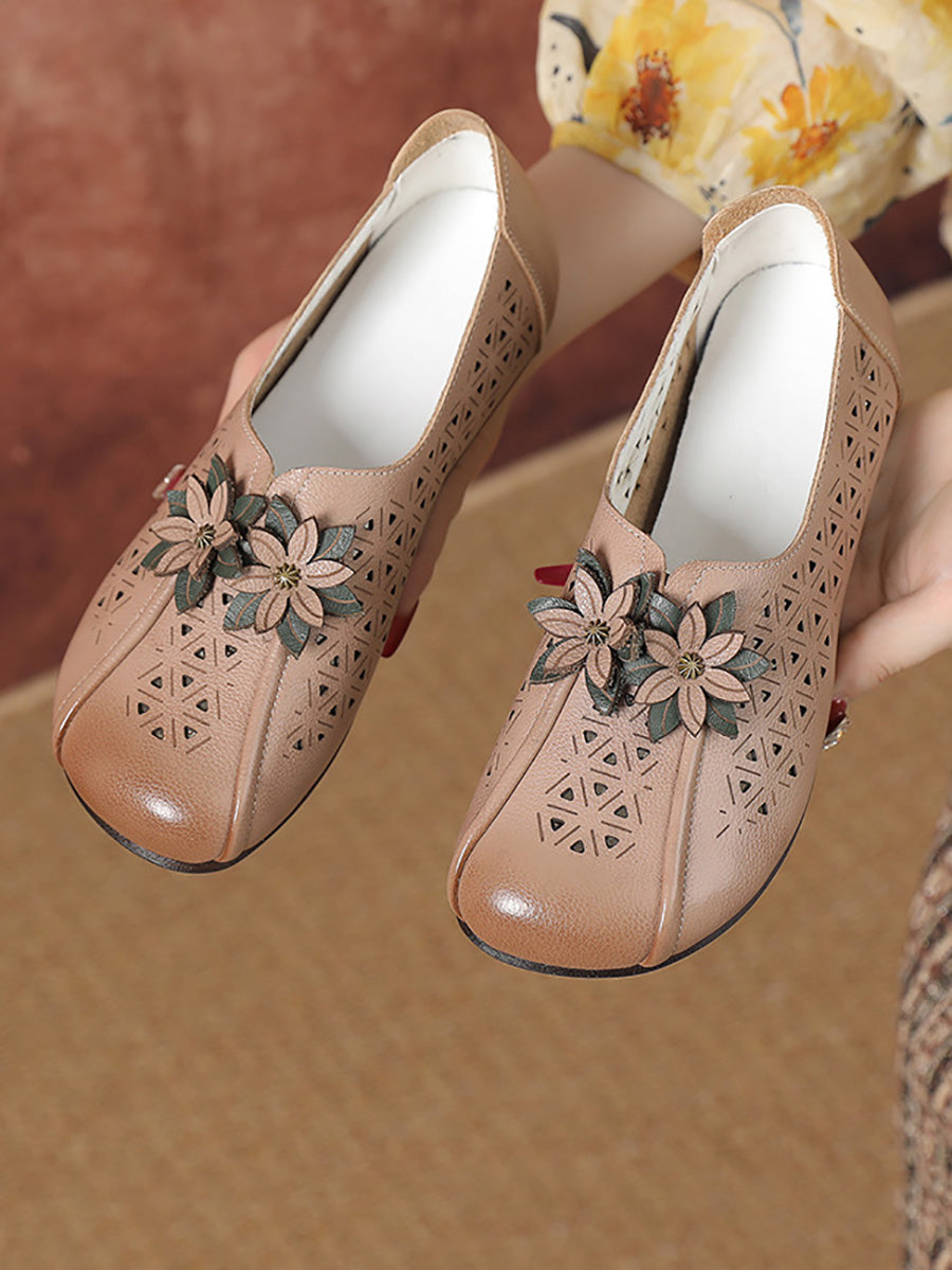 Damen Vintage Leder Flache Schuhe mit Blumen-Ausschnitt PA1026