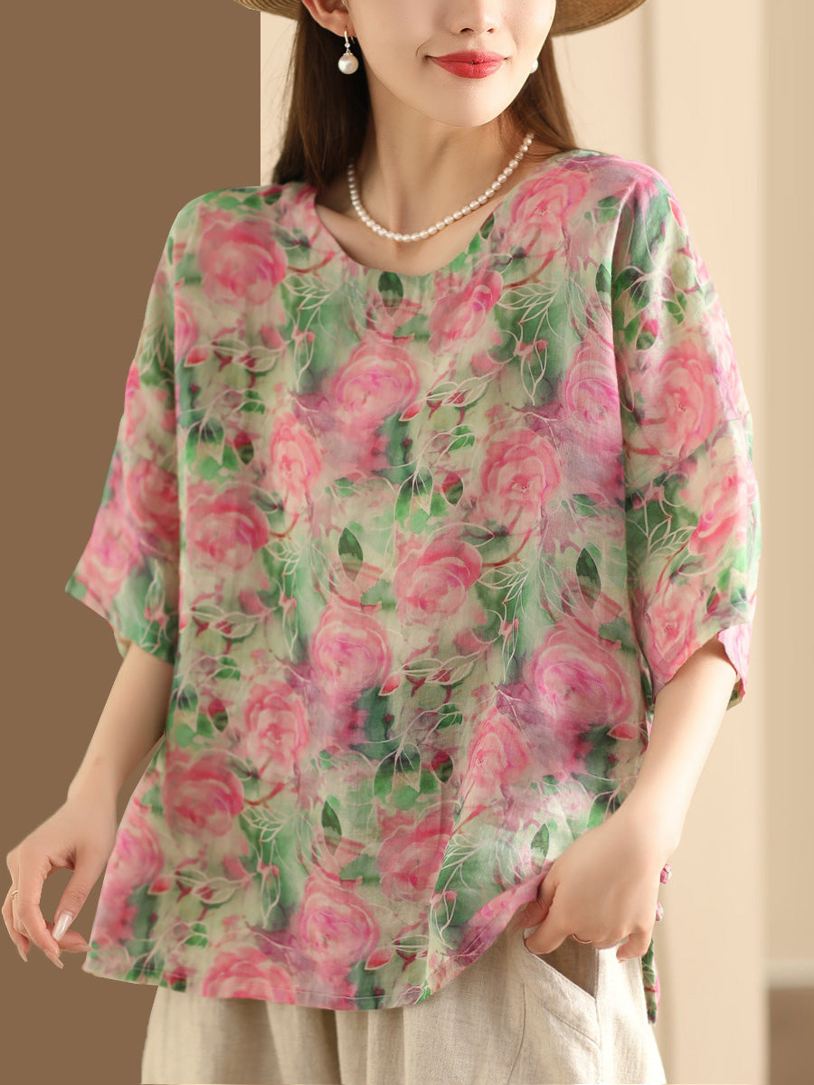 Damen Artsy Floral Sommer Ramie Pullover Shirt KL1016