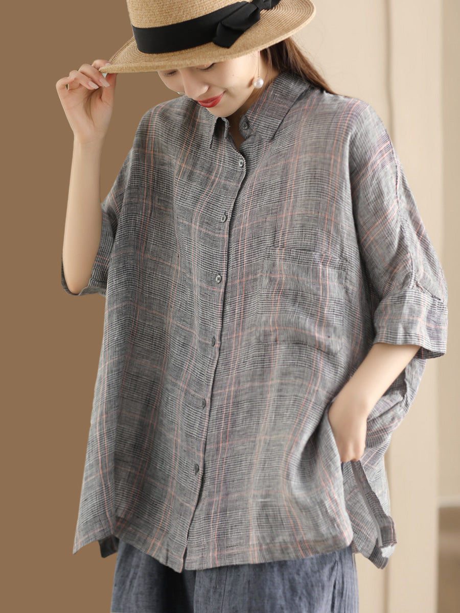 Damen Retro Sommer Karierte Leinen Bluse mit Knopfleiste CO1006