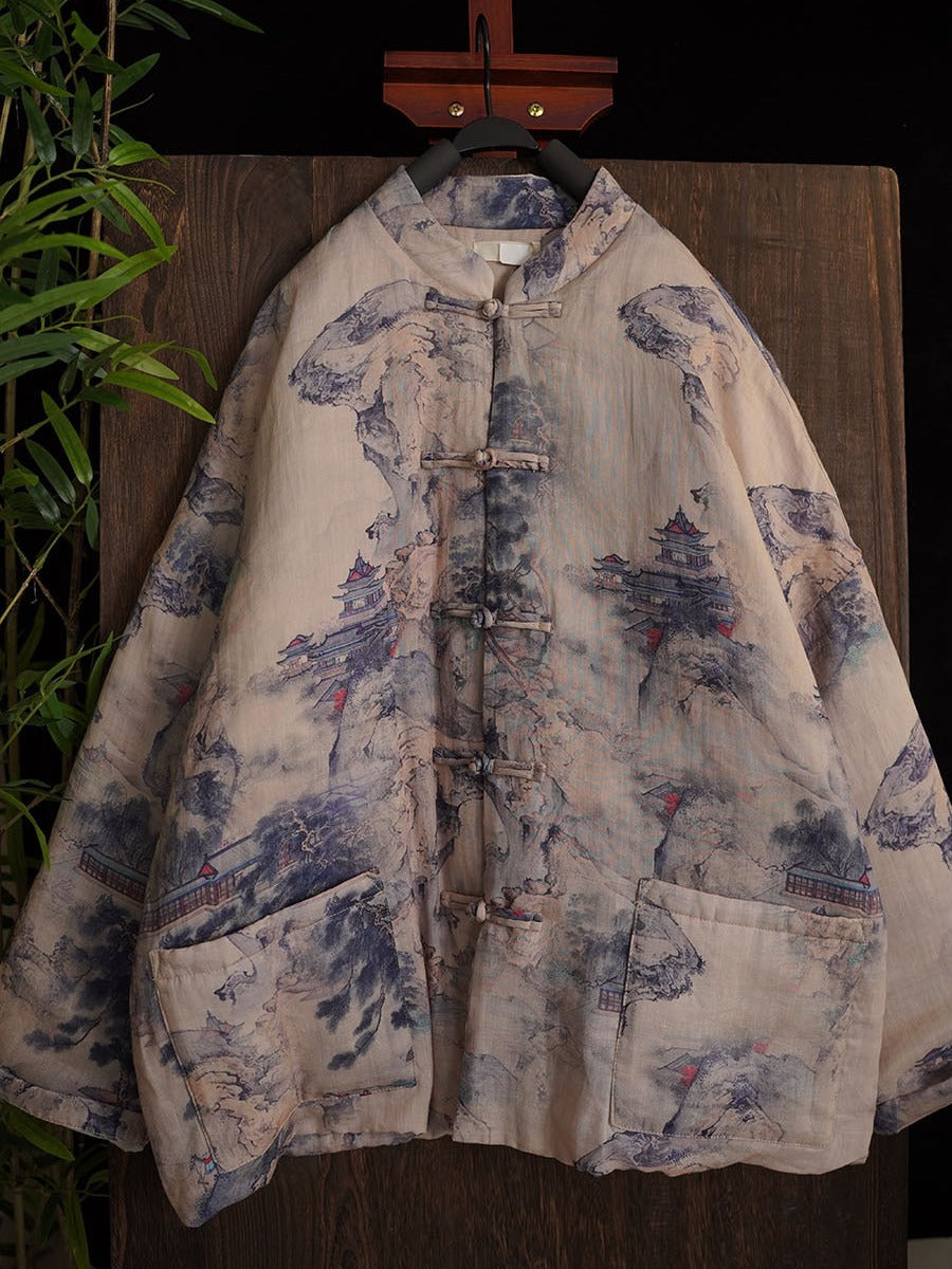 Damen Herbst Vintage Print Knopf Stehkragen Ramie Mantel AT1053