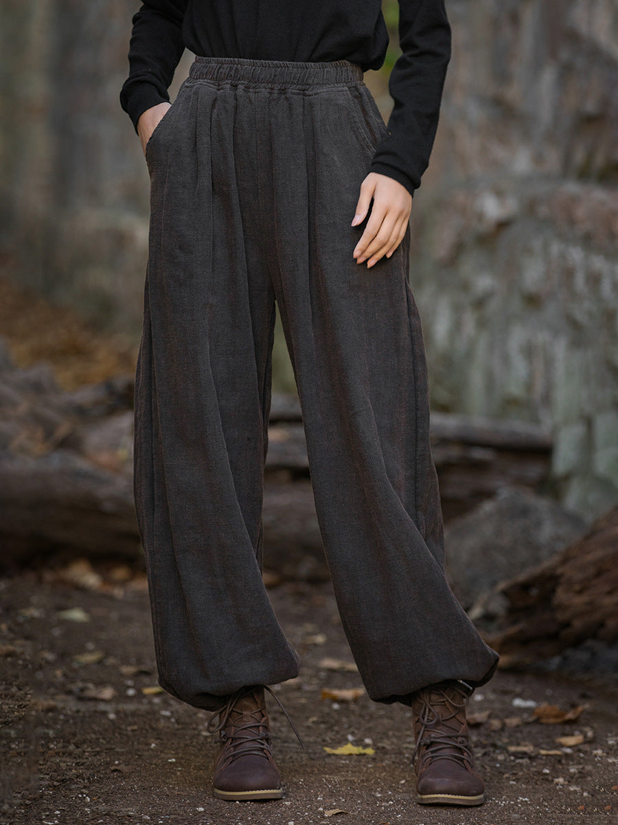 Pantalon ample à revers en ramie pour femme, style vintage, automne, couleur unie, AT1013