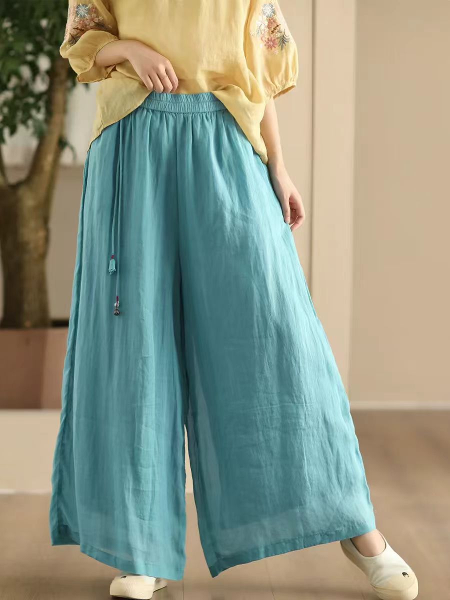 Pantalon d'été en ramie à jambe large et double épaisseur pour femme FD049