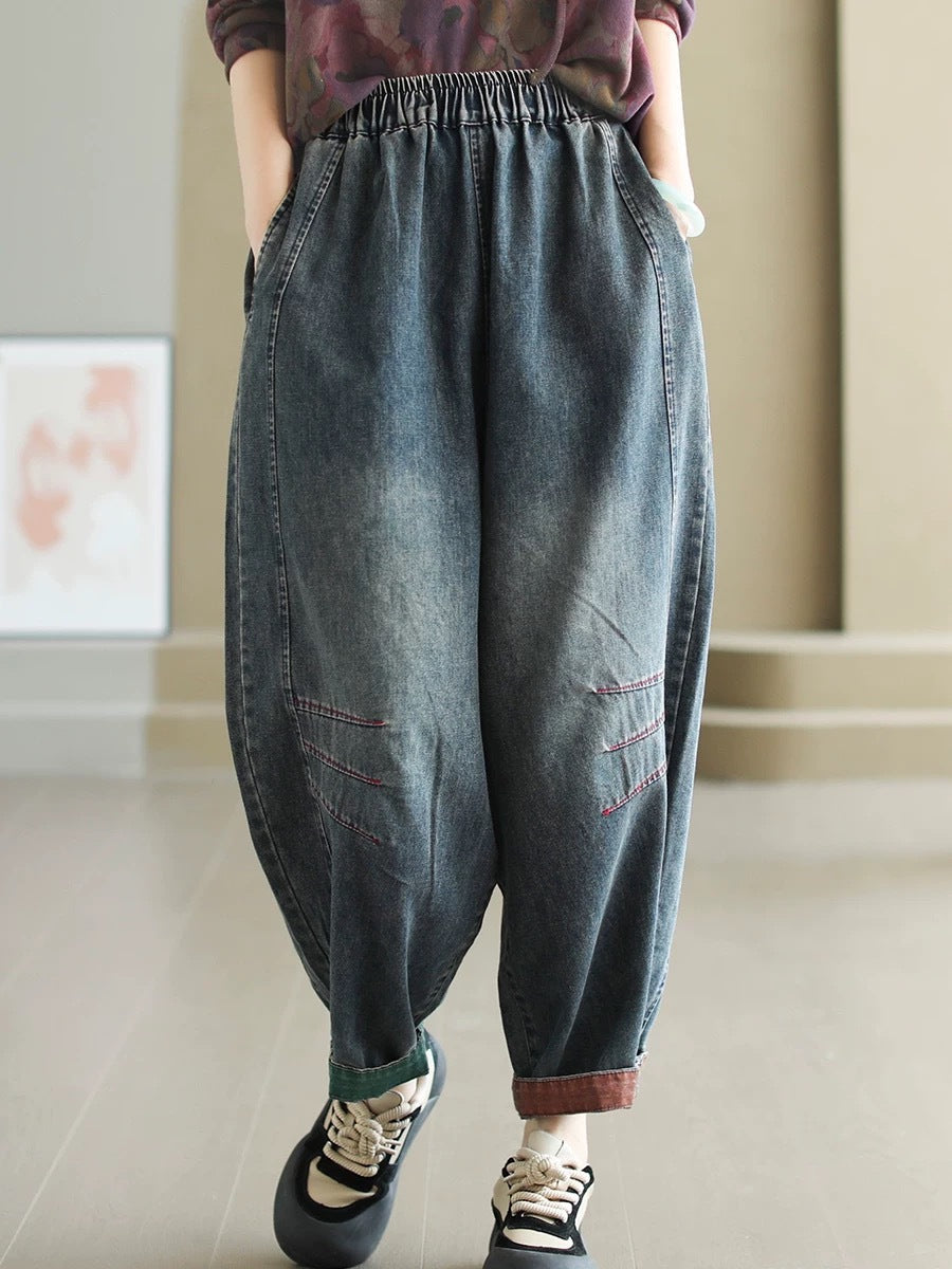 Women Autumn Artsy Spliced Denim Harem AH1038