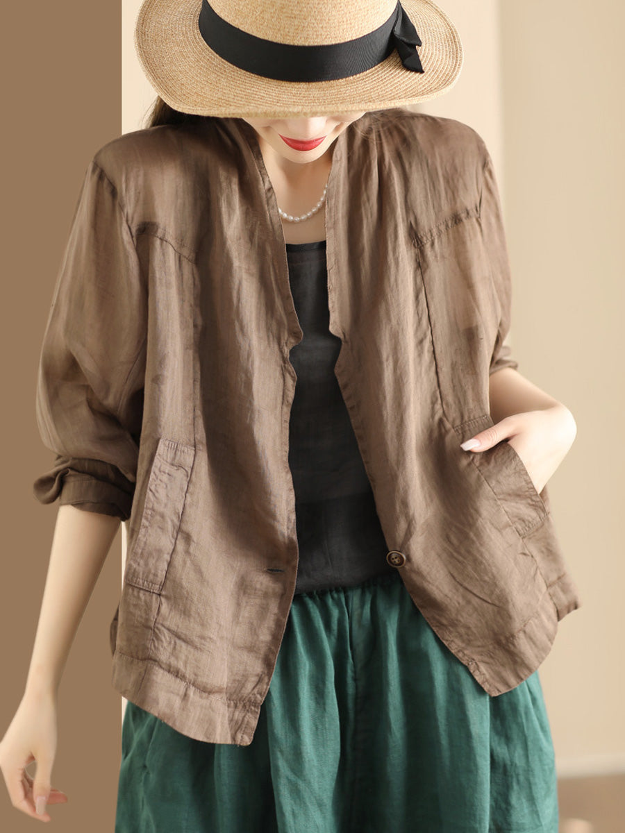 Cardigan fin vintage en ramie pour femme, couleur unie, manteau d'été SC1056