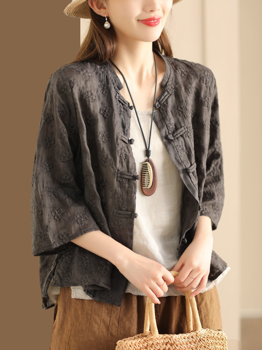Damen Bluse aus Ramie mit Jacquard-Knopfleiste und ethnischen Blumen SC1023