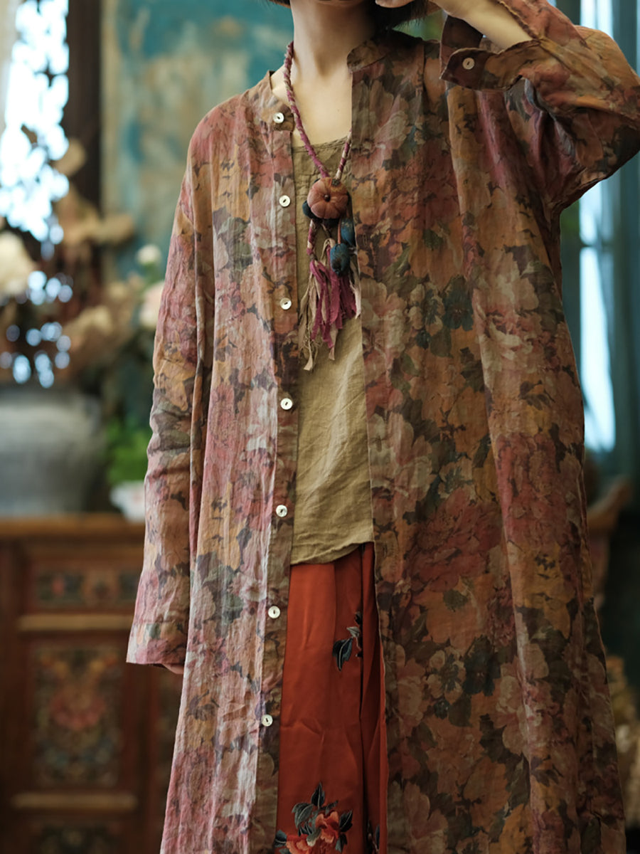 Women Vintage Floral Retro Ramie Button-up Long Shirt AH354