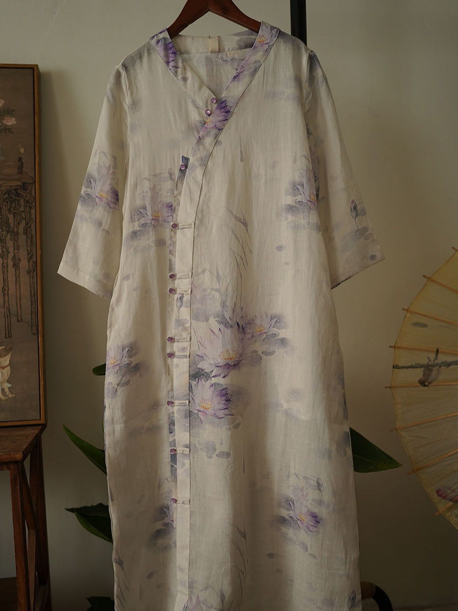 Women Ethnic Flower Button V-Neck Ramie Dress OO1002