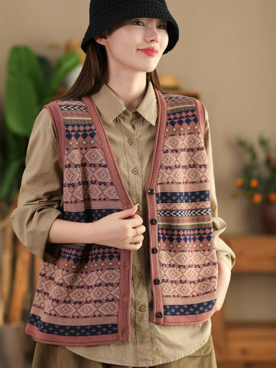Gilet en coton à rayures ethniques et col en V pour femme BA1048