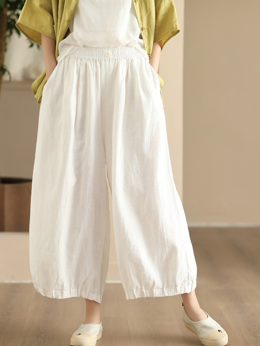 Pantalon large en lin uni vintage d'été pour femme FD038