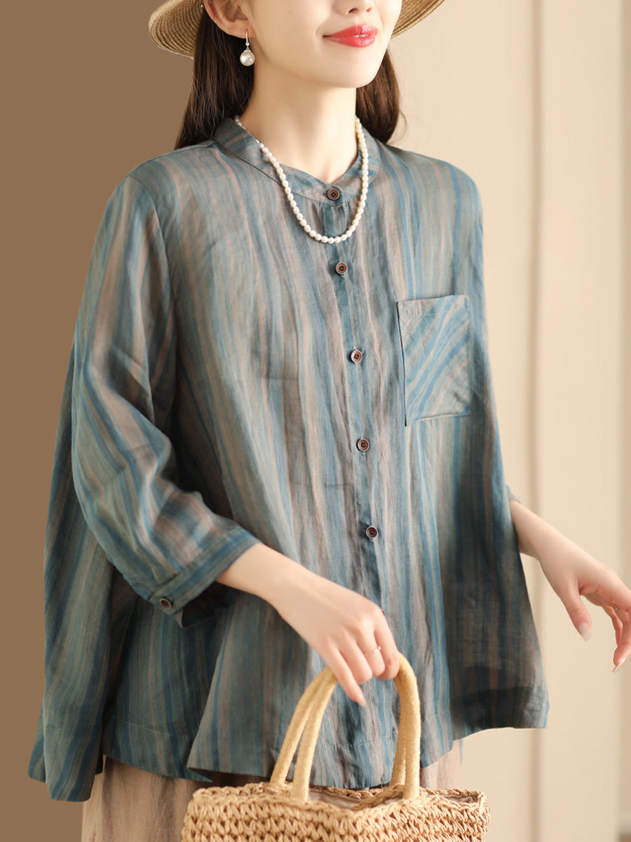 Damen Frühling Vintage Streifen Button-Up Bluse CO1007