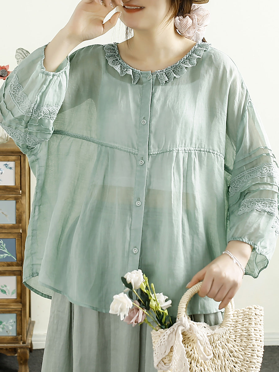 Damen Artsy Solid Lacework Button-up Ramie Shirt HH043