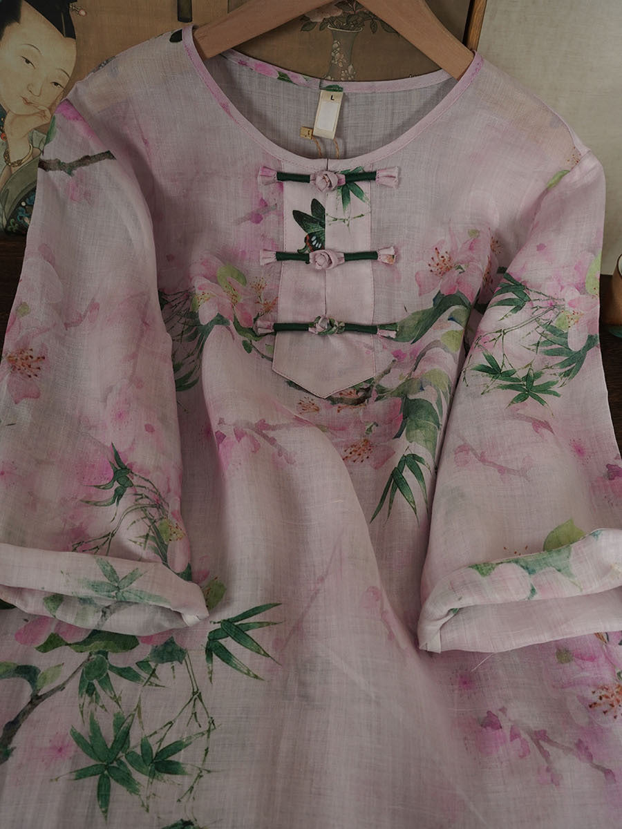 Frauen Sommer Ethnische Blume Ramie Schnalle Hemd PA1015