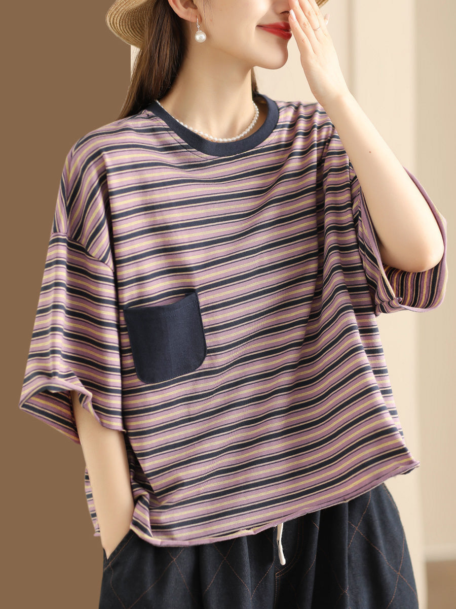 Women Casual Summer Stripe Spliced Loose Shirt AH836