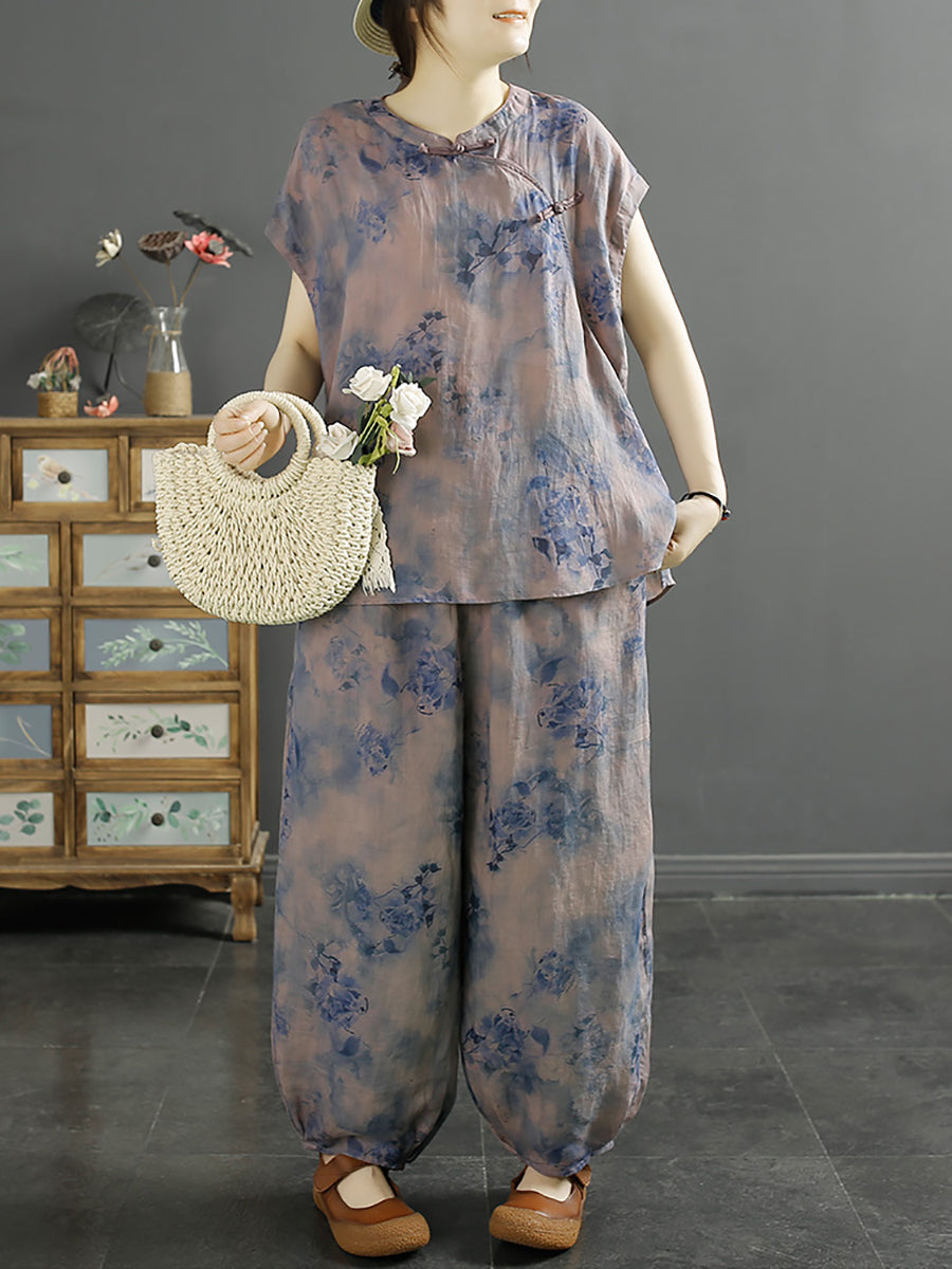 Frauen Ethnische Sommer Floral Schnalle 100% Ramie Shirt KL1007