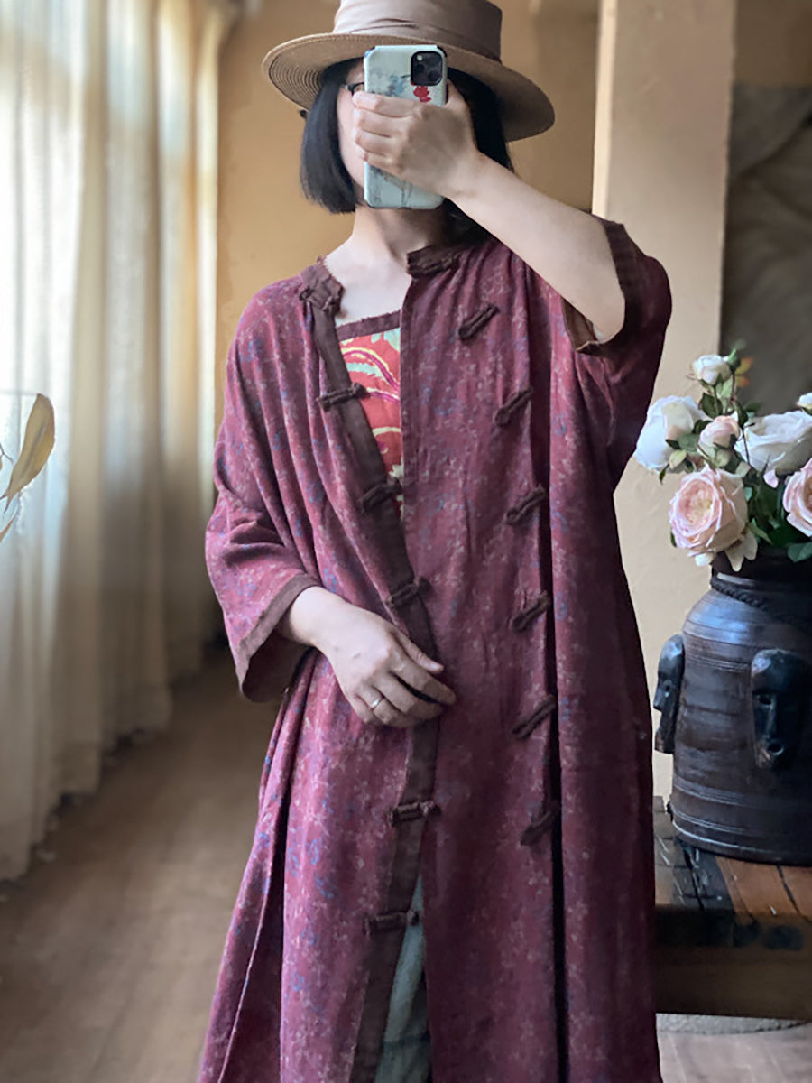 Women Vintage Floral Colorblock Button-up Long Shirt Dress KL1034