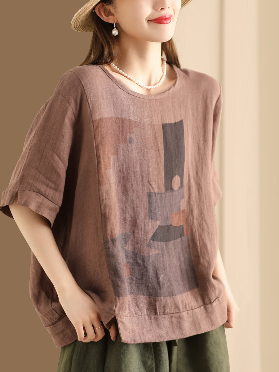 Women Casual Summer Print O-Neck Linen Shirt WE1028