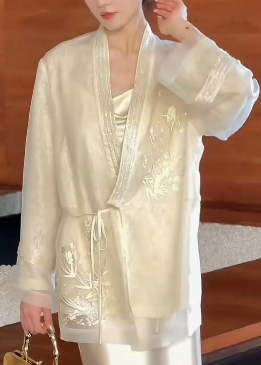Strickjacke V-Ausschnitt Bestickt Spitze Vintage Seide Beige Frühling