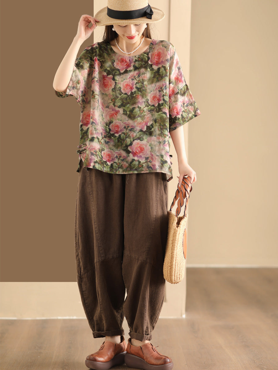 Damen Artsy Floral Sommer Ramie Pullover Shirt KL1016