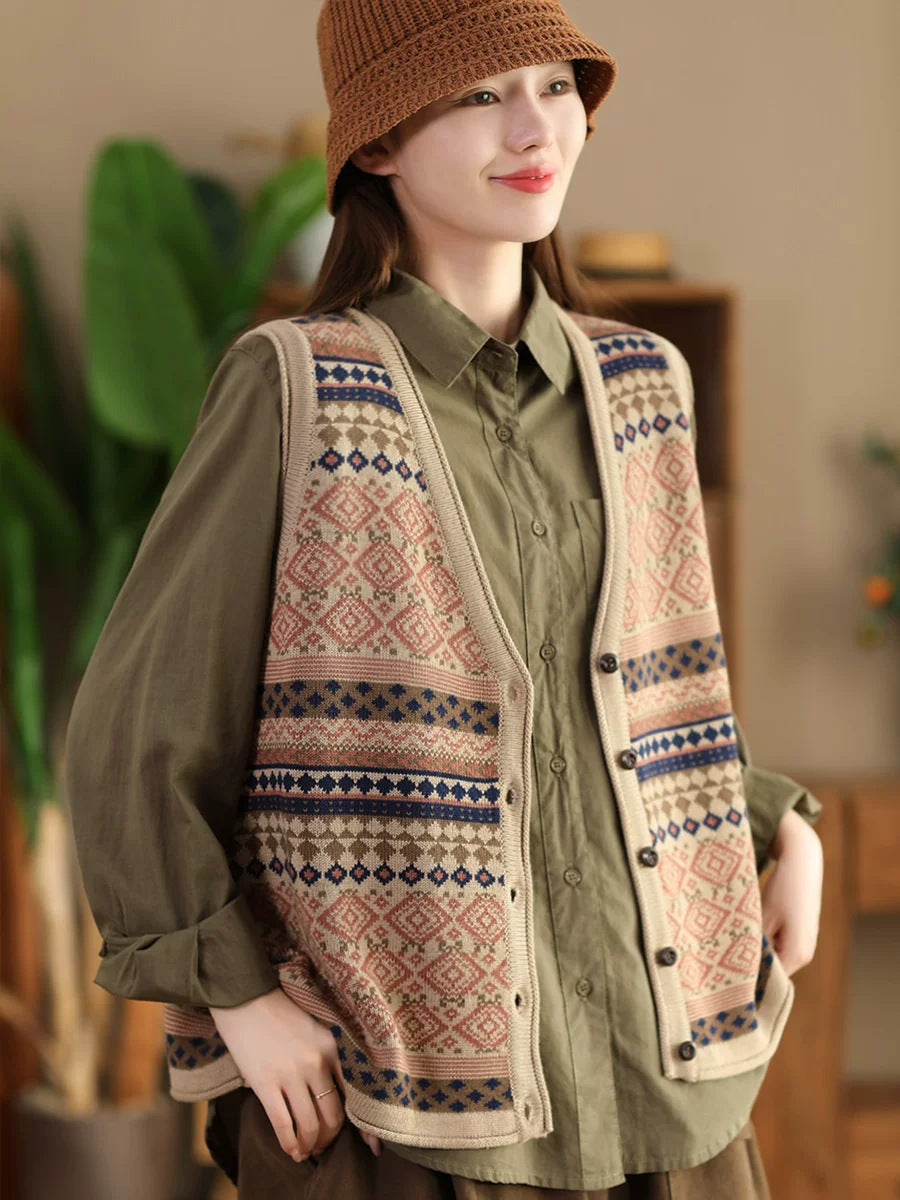 Gilet en coton à rayures ethniques et col en V pour femme BA1048