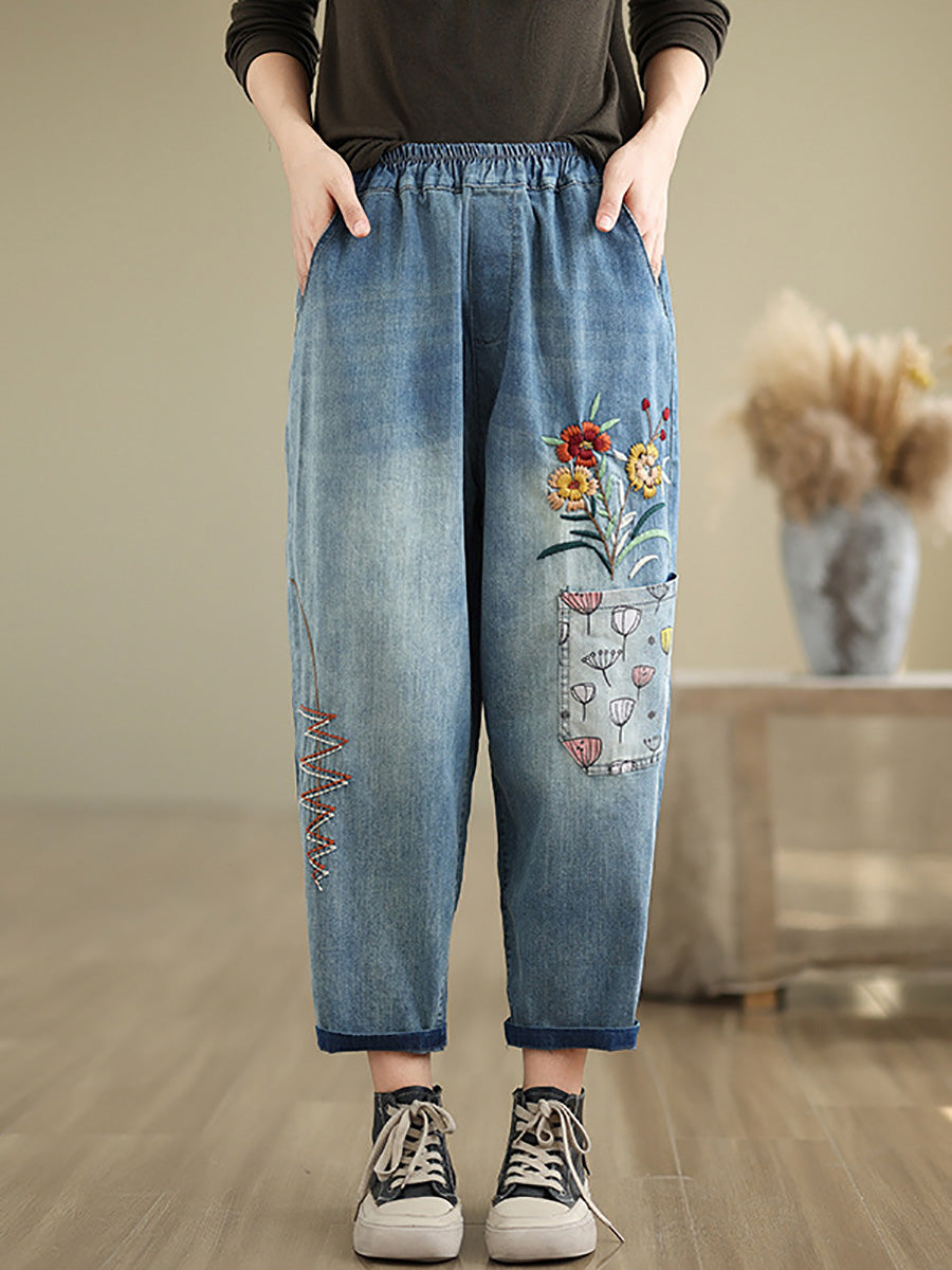 Pantalon sarouel en denim brodé de fleurs artistiques d'automne pour femmes AI1074
