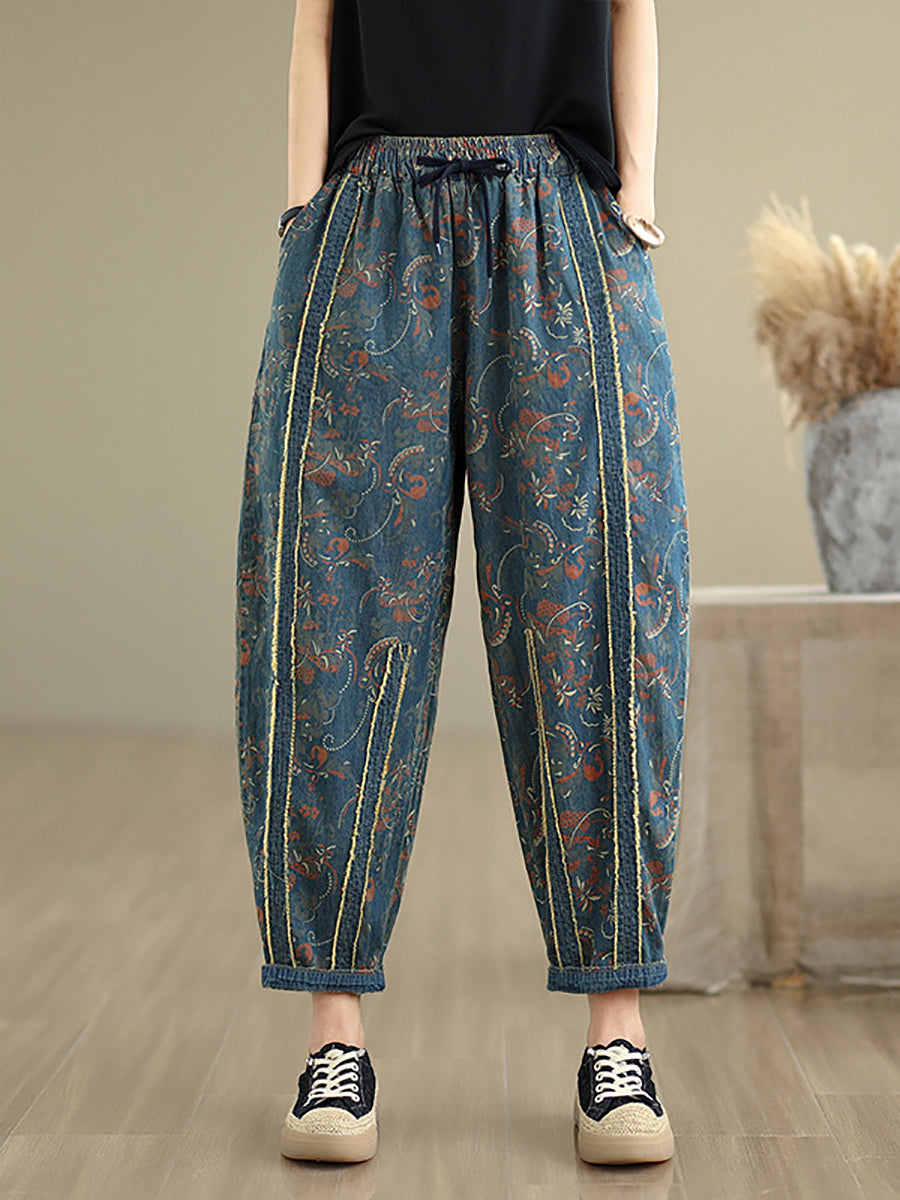 Pantalon en denim patchwork sarouel femme rétro fleuri