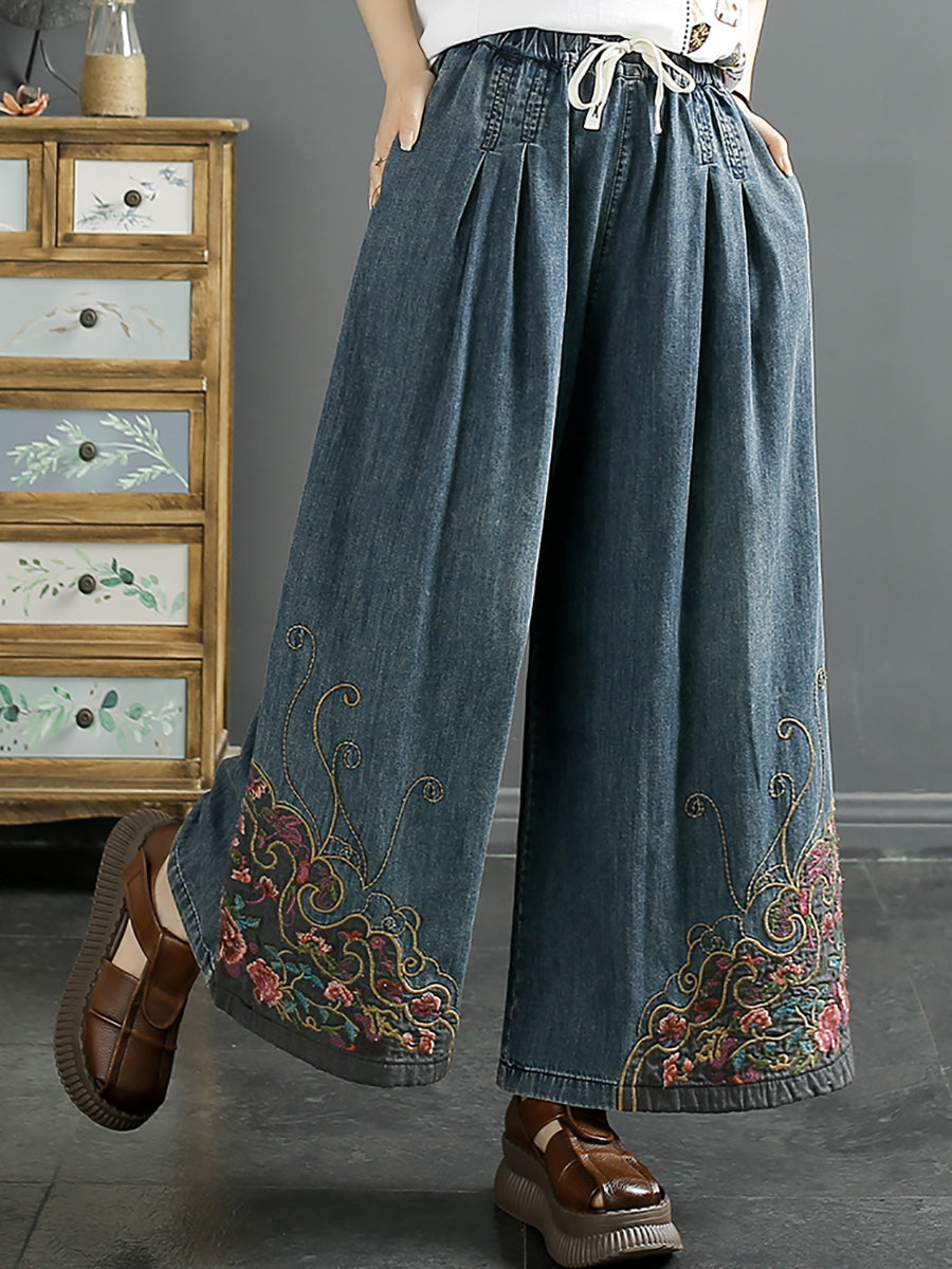 Damen Vintage Sommer Stickerei Weite Bein Jeanshose KL1007