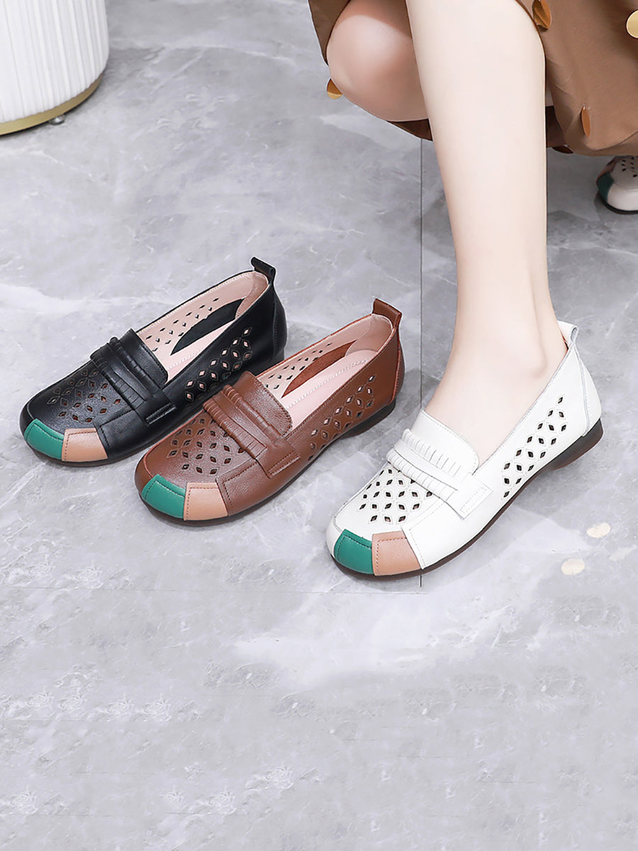Women Summer Leather Colorblock Cutout Flat Shoes UI1030
