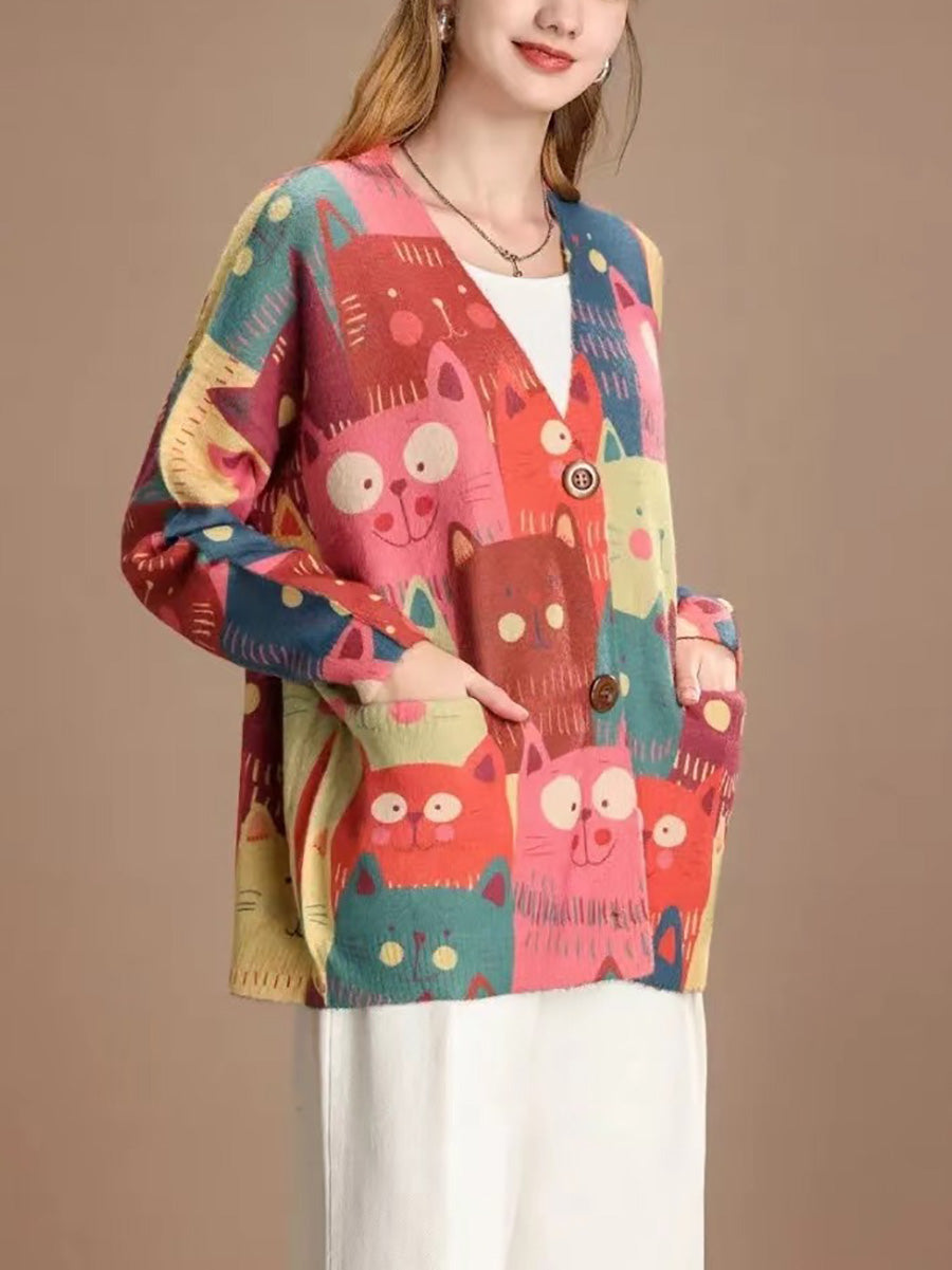 Frauen Frühling süße Katze gestrickte Strickjacke Pullover PA1005