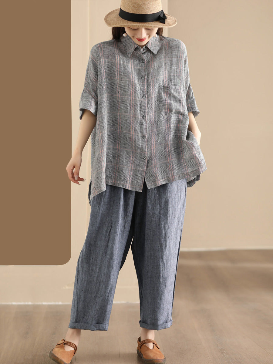 Damen Retro Sommer Karierte Leinen Bluse mit Knopfleiste CO1006