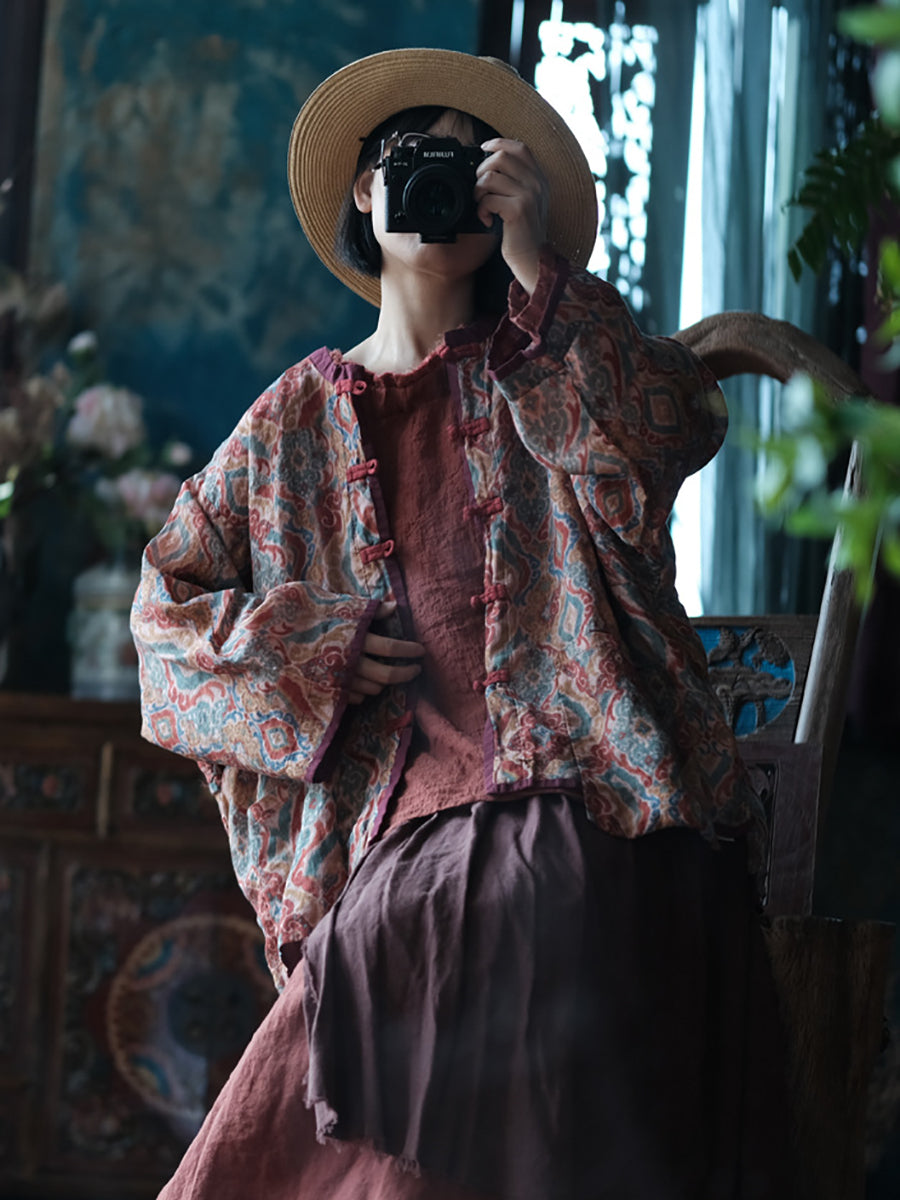 Women Vintage Spring Colorblock Flower Ramie Shirt Coat CO1031