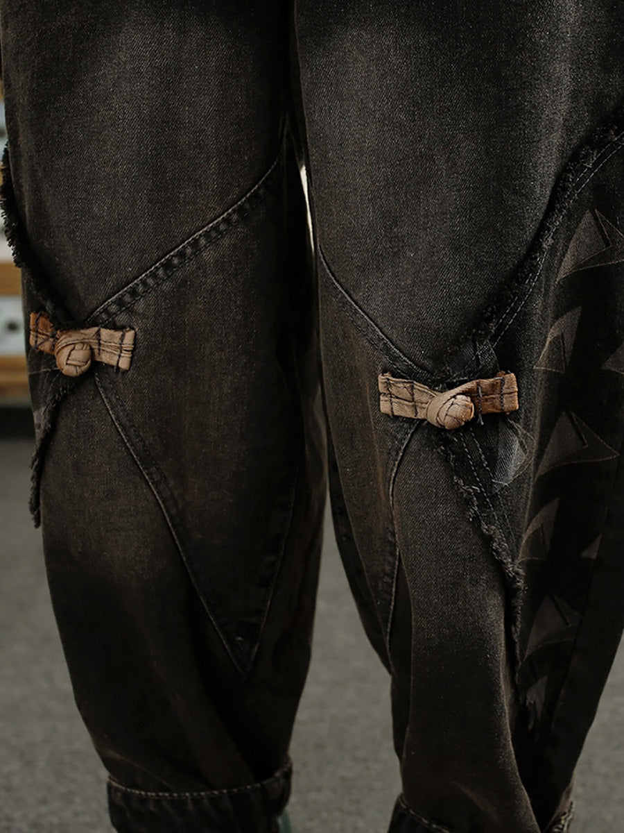 Pantalon sarouel en denim délavé épissé pour femme avec patch d'automne AI1052