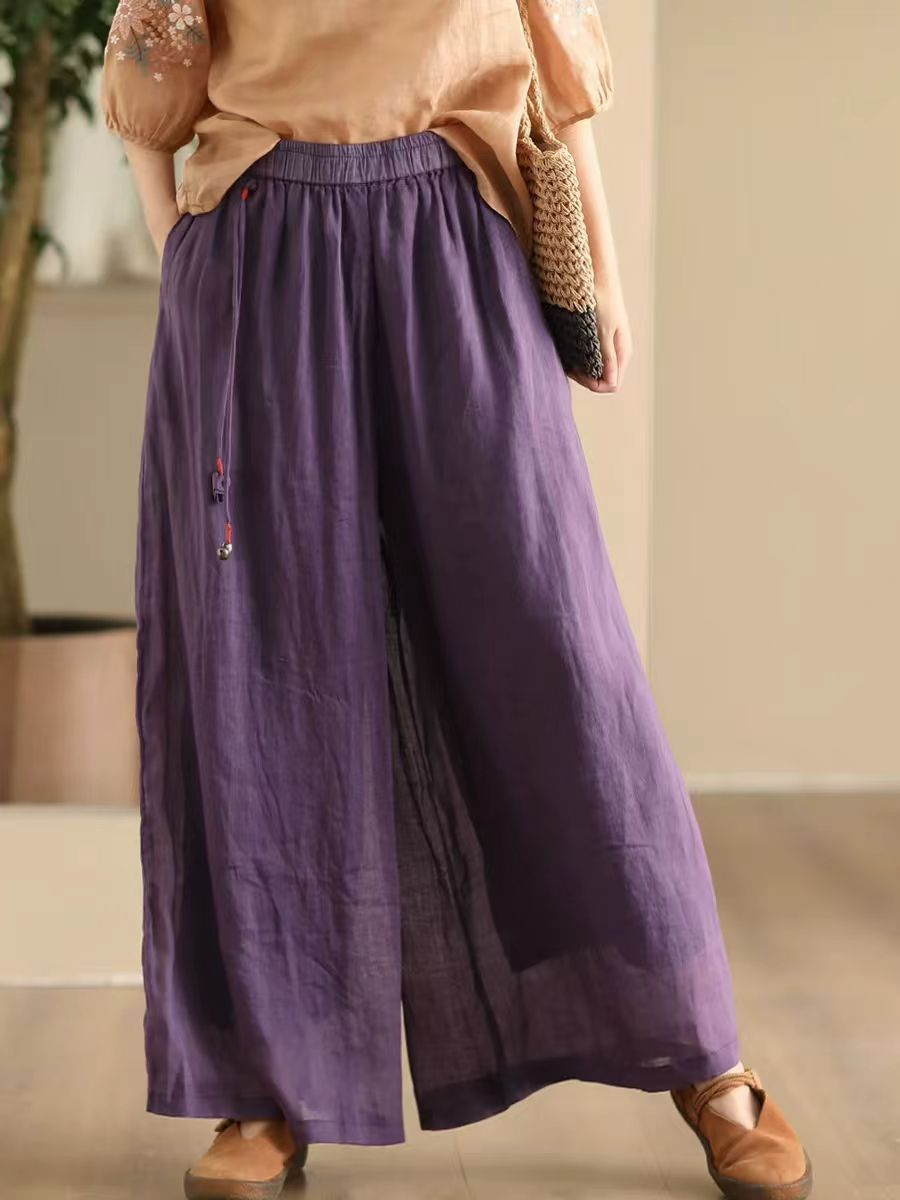 Pantalon d'été en ramie à jambe large et double épaisseur pour femme FD049