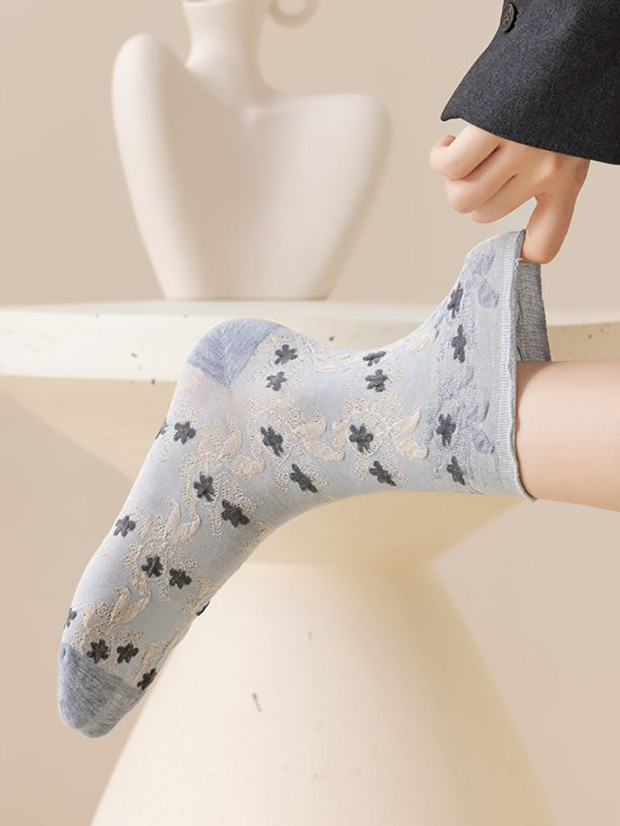 3 Pairs Women Autumn Flower Jacquard Colorblock Socks AH1023