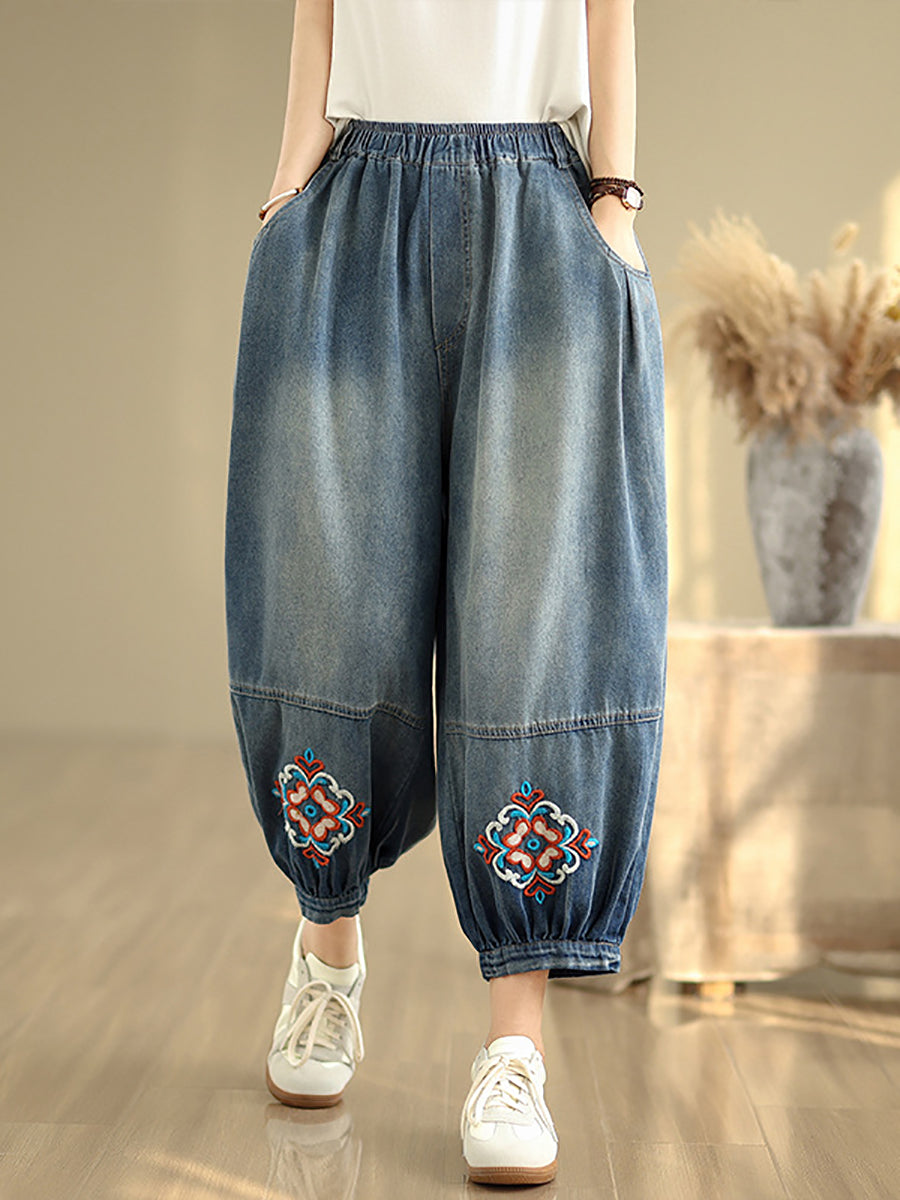 Denim Blume Frauen Hosen Harem Stickerei Retro
