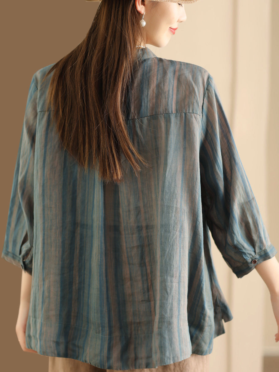 Damen Frühling Vintage Streifen Button-Up Bluse CO1007