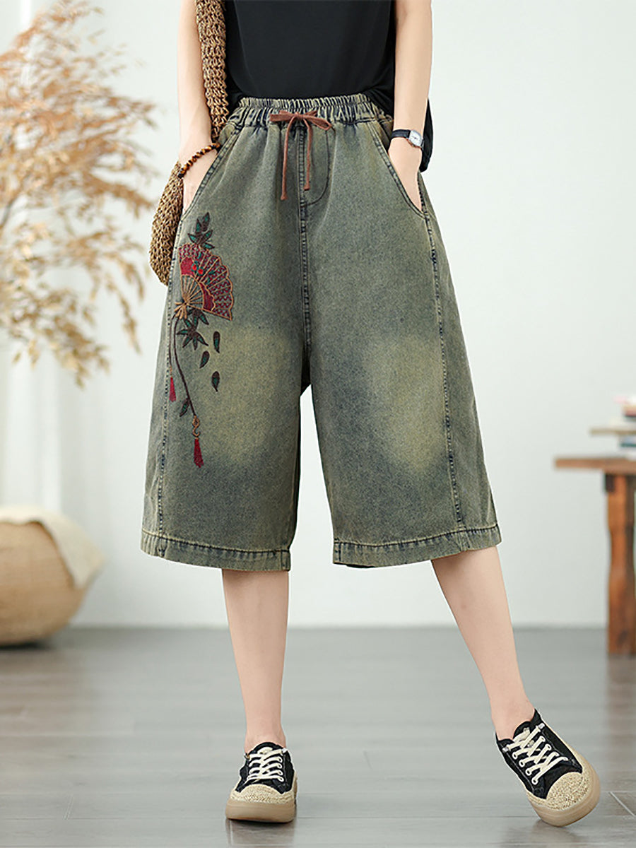 Gerade Stickerei Frauen Denim Fünfte Hosen Blume Retro