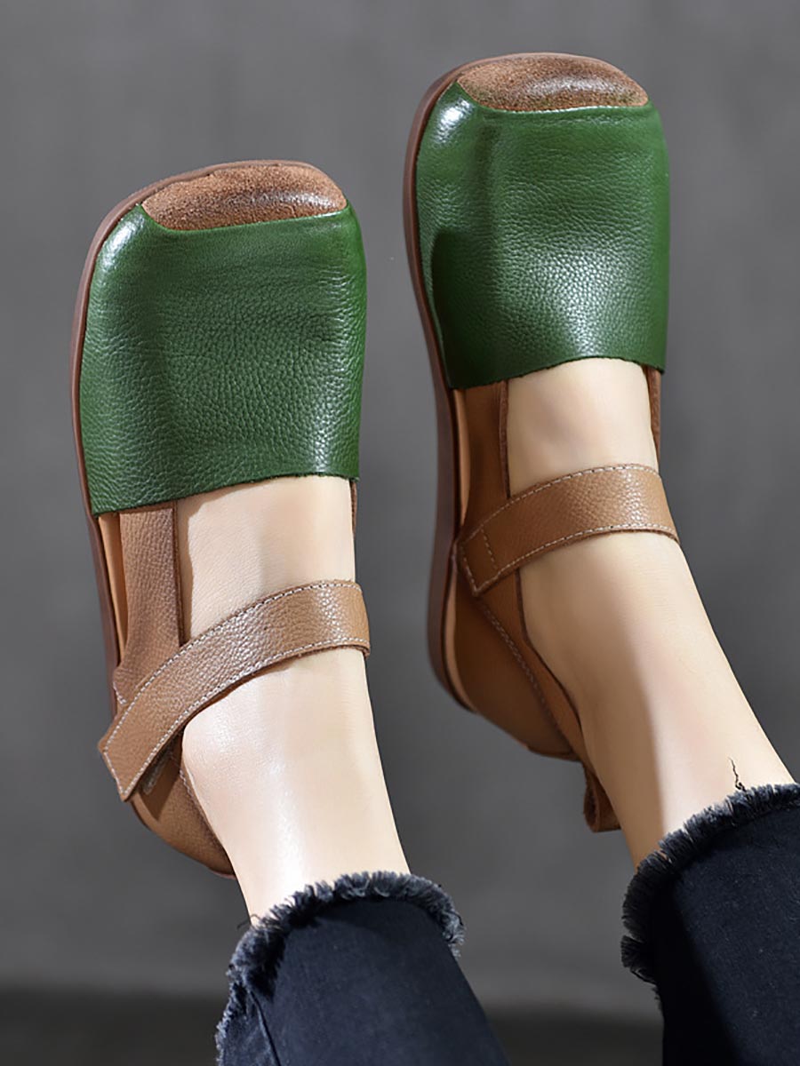 Women Vintage Summer Leather Colorblock Flat Shoes BN1003