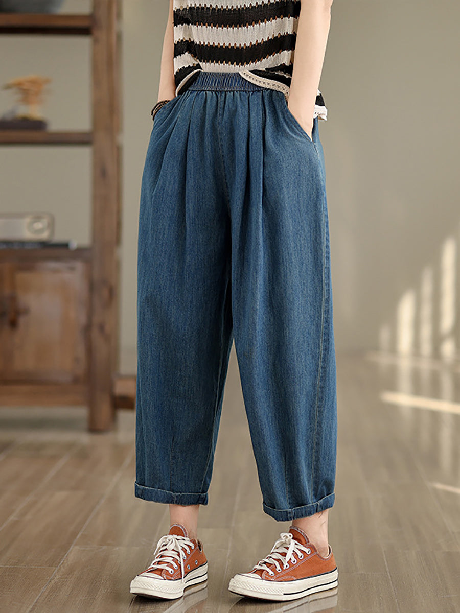 Pantalon sarouel ample en denim uni vintage pour femme OP1007