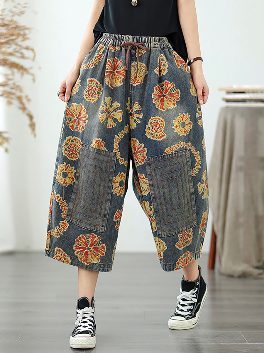 Pantalon droit rétro Capri en denim fleuri pour femme