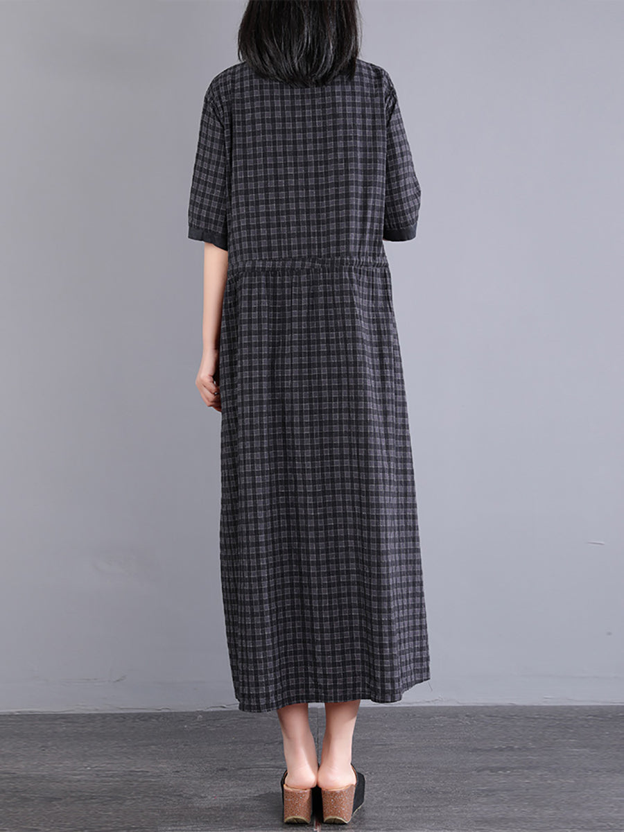 Übergröße Damen Artsy Plaid Baumwollleinenkleid KL1021