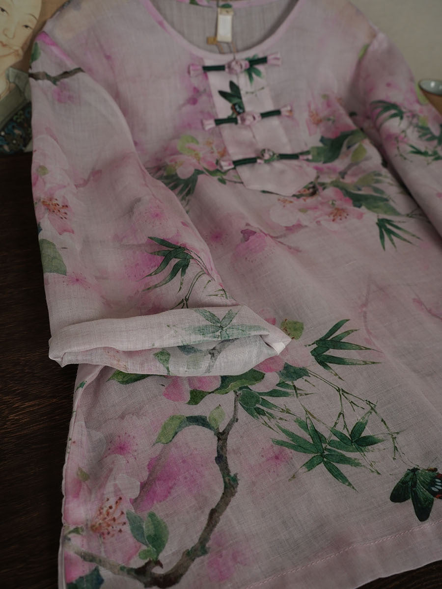 Frauen Sommer Ethnische Blume Ramie Schnalle Hemd PA1015