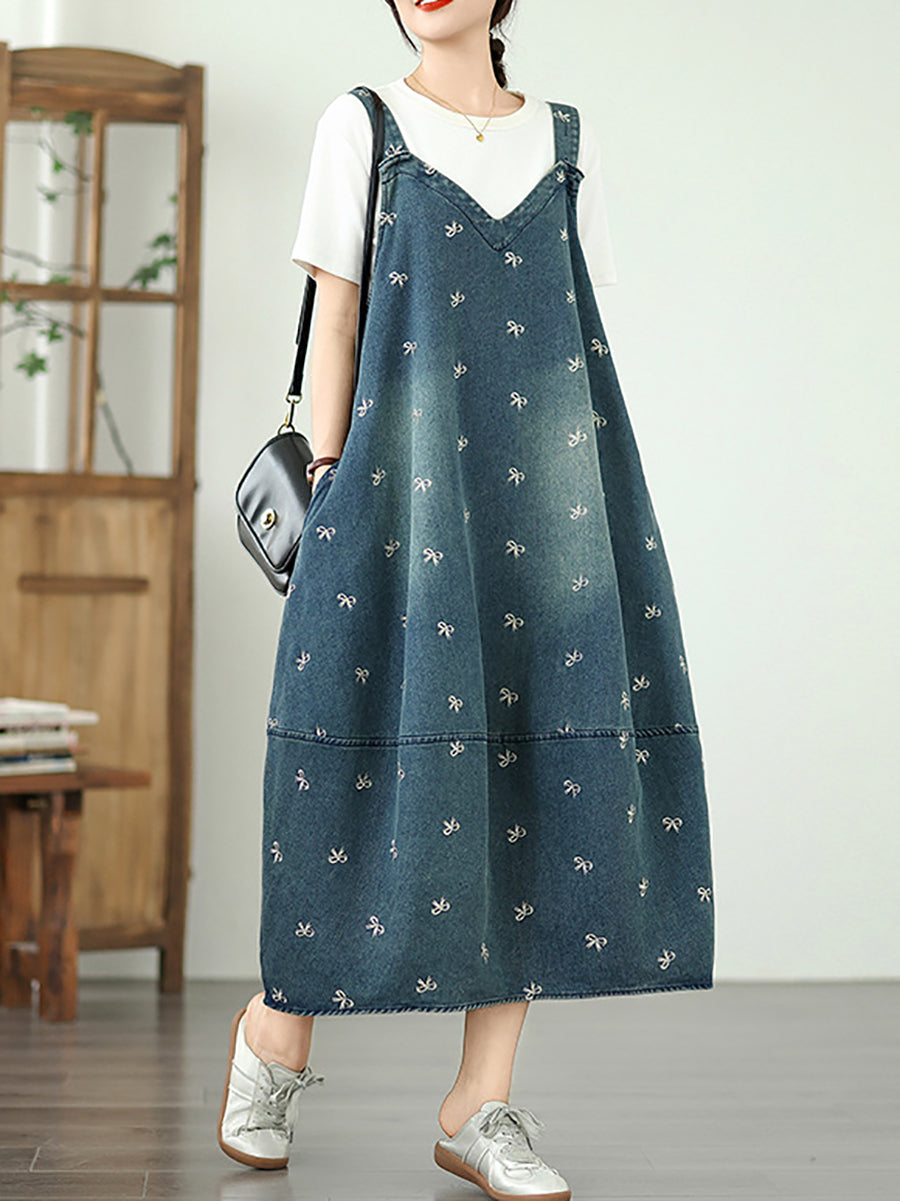 Kleid Overall Denim Bowknot Frauen Sommer Stickerei