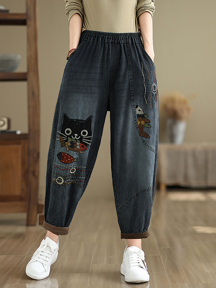Pantalon sarouel en denim épissé avec patch de chat décontracté pour femme, automne AV1004