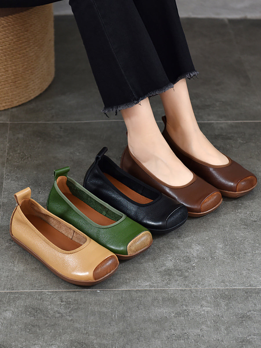 Women Summer Vintage Soft Leather Colorblock Flat Shoes RR1021