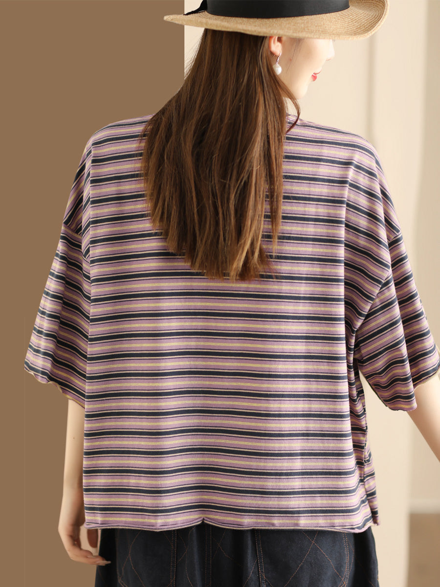 Women Casual Summer Stripe Spliced Loose Shirt AH836