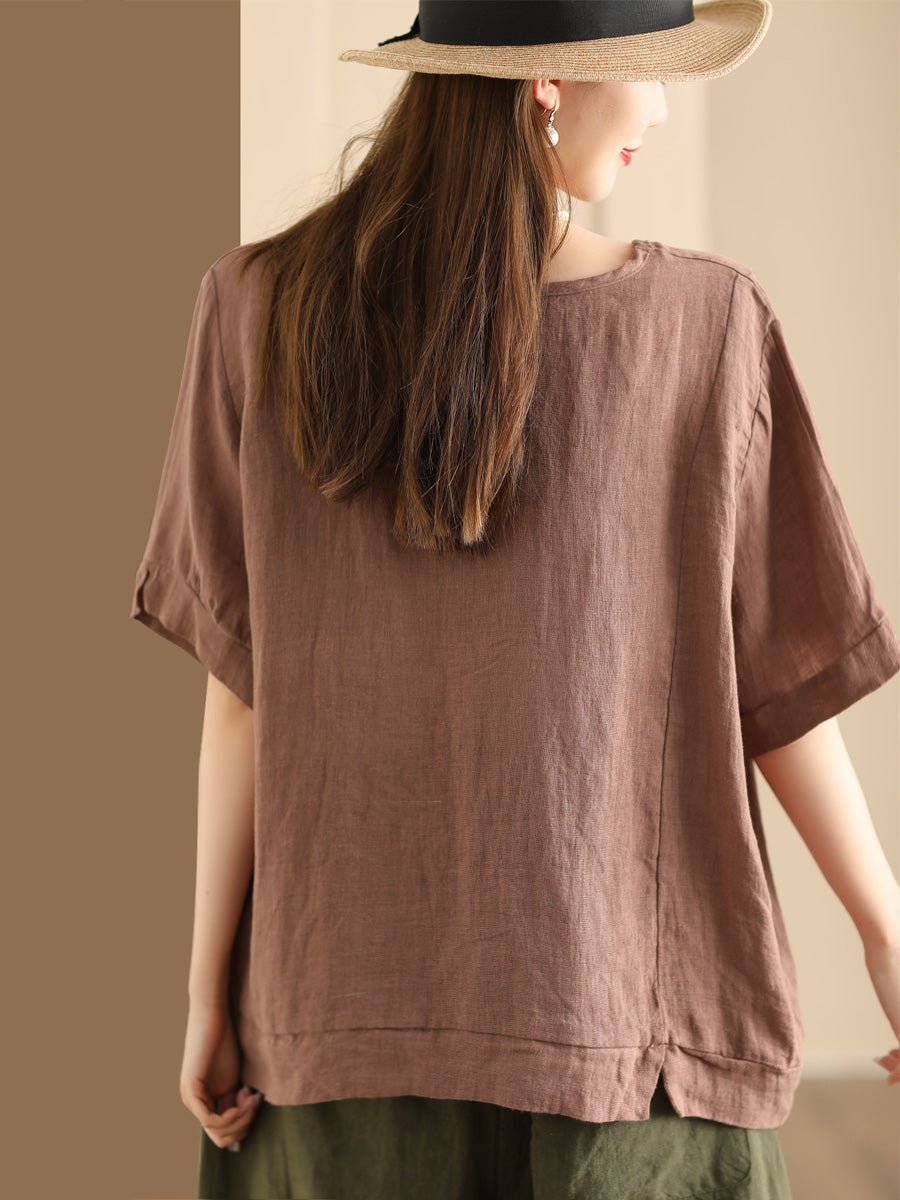 Women Casual Summer Print O-Neck Linen Shirt WE1028
